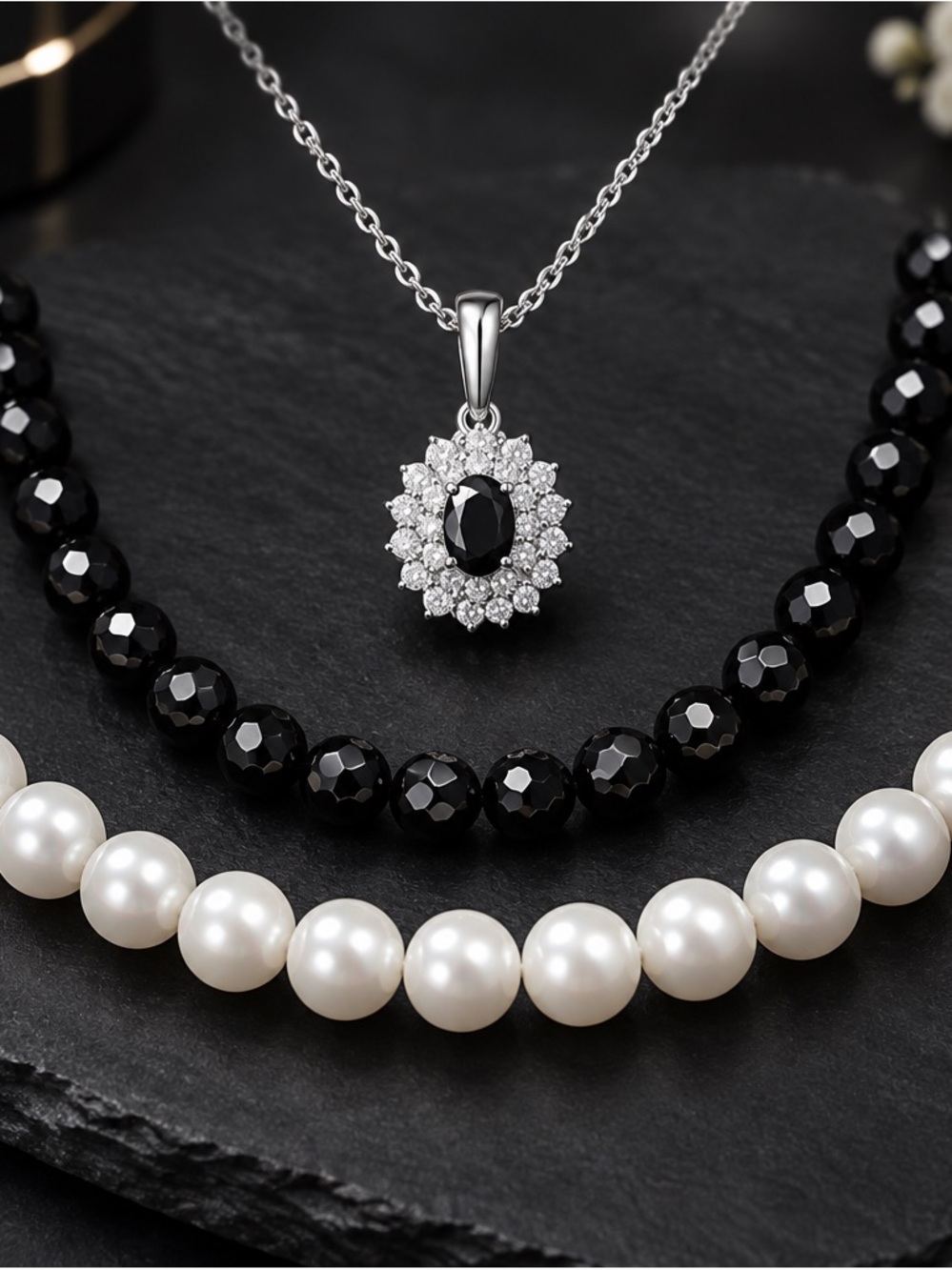 Avon Black and White Layered Necklace Set with Silver Pendant